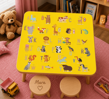 Set masă și două scăunele personalizate pentru copii, model A is for Alpaca