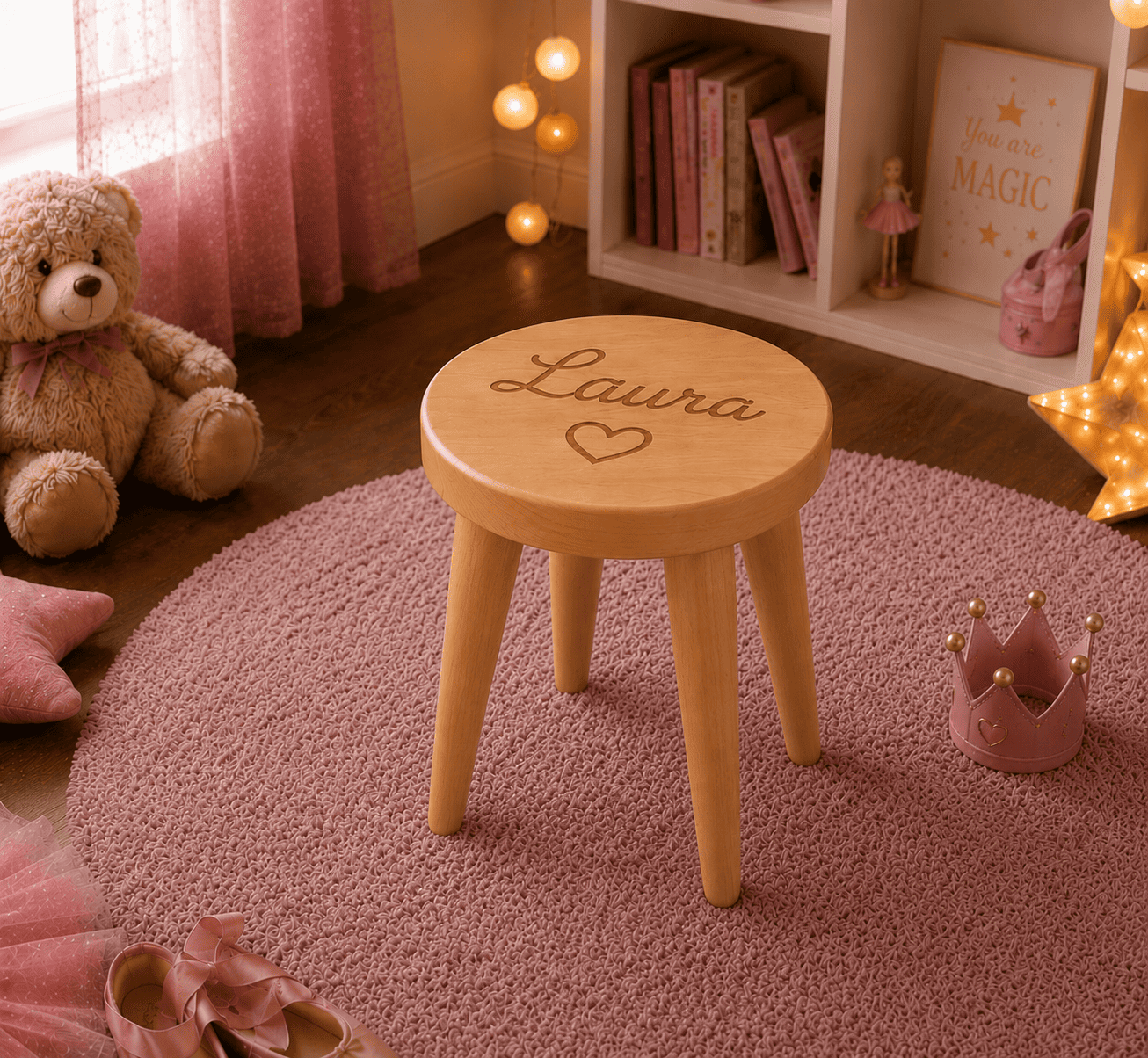 Scăunel personalizat pentru copii cu nume I Heart You Detaliu scăunel personalizat cu nume din setul masă și scăunele pentru copii I Heart You.
