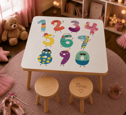 Set masă și două scăunele personalizate pentru copii, model mambo number