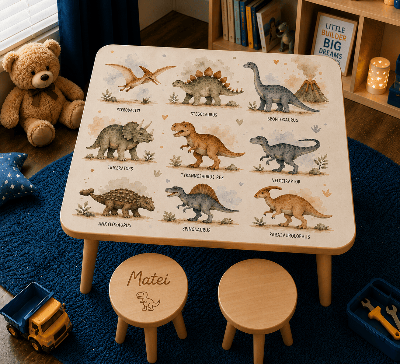 Set masă și scaune personalizat pentru copii Roar Dinozauri Set masă și două scăunele personalizate pentru copii, model Roar dinozauri