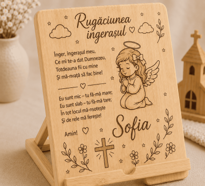 Suport personalizat din bambus cu rugăciunea Îngerașul și numele copilului
