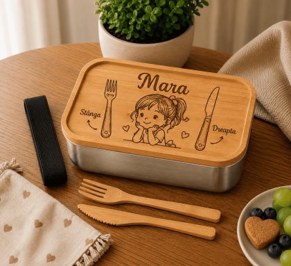 Caserolă personalizată pentru copii cu nume gravat și ilustrație pentru fetiță