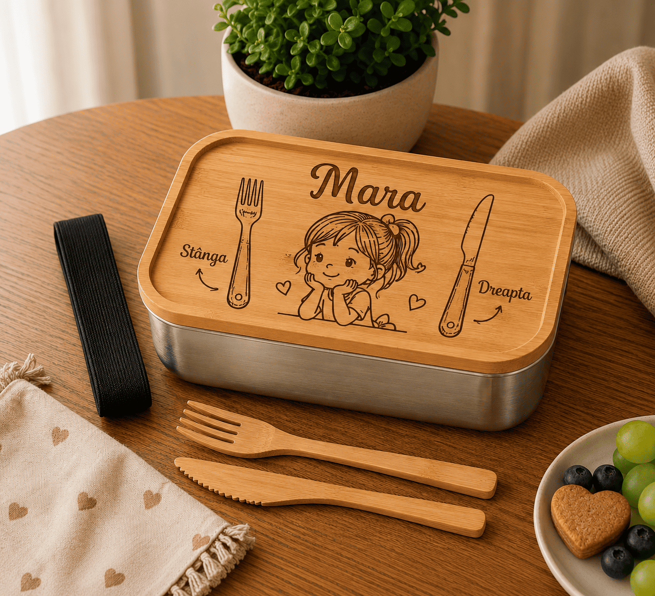 Caserolă personalizată copii cu nume – model fetiță. Caserolă personalizată pentru copii cu nume gravat și ilustrație pentru fetiță