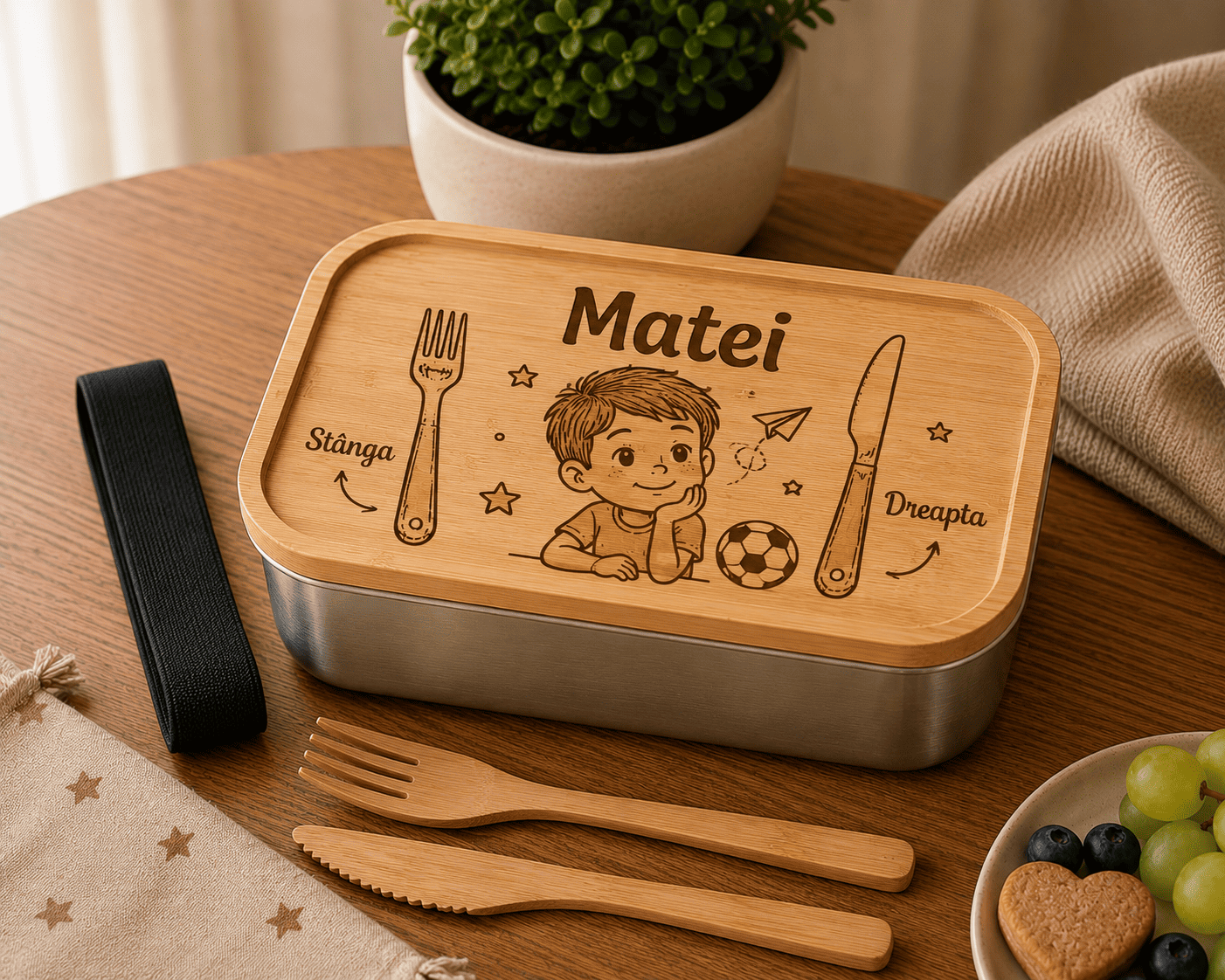 Caserolă personalizată copil băiat Caserolă personalizată cu nume pentru copil, model băiat, cu capac din bambus.