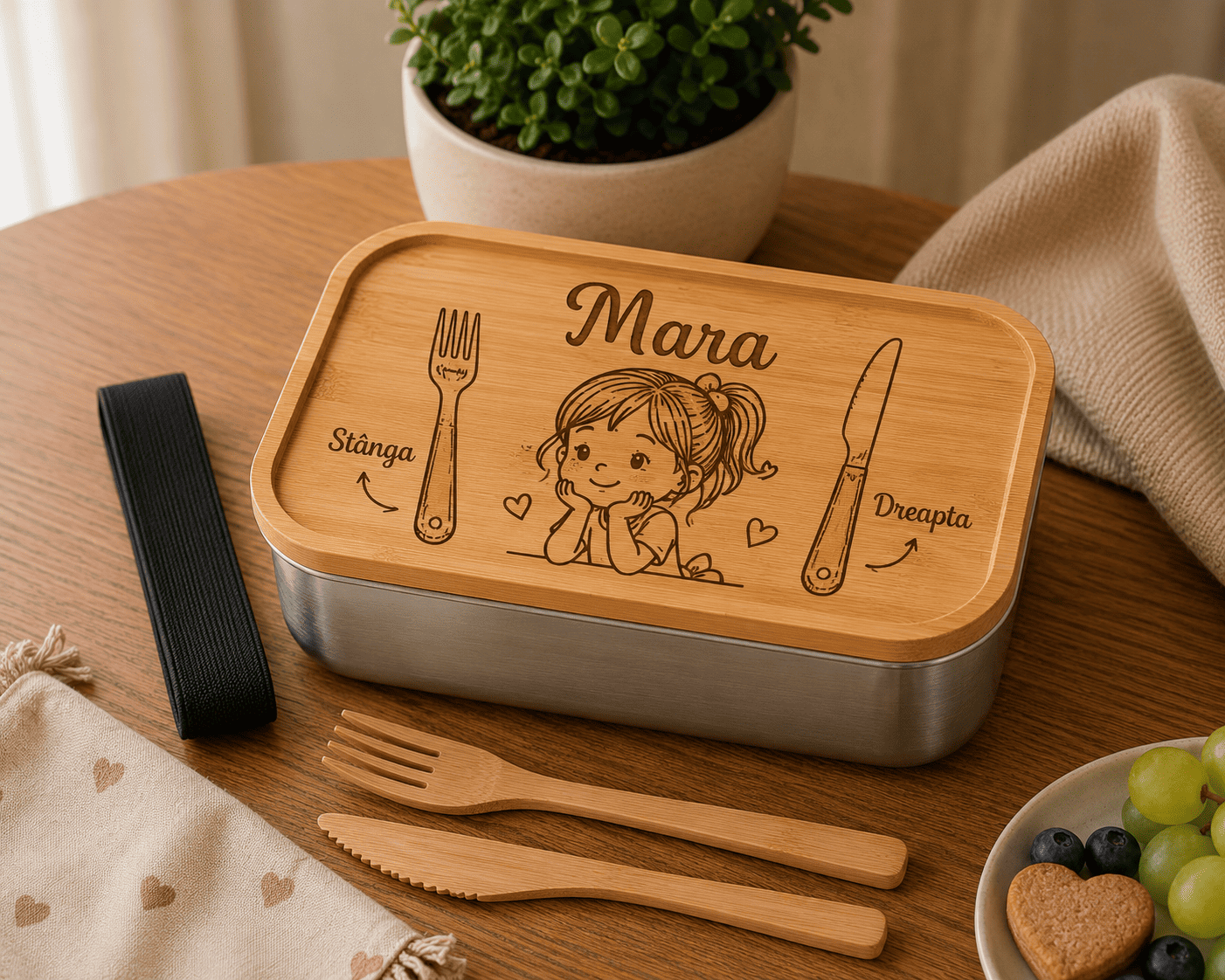 Caserolă personalizată copil fetiță Caserolă personalizată cu nume pentru copil, model fetiță, cu capac din bambus.