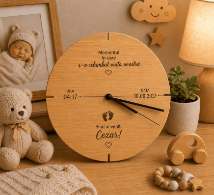 Ceas personalizat din lemn cu nume, data și ora nașterii copilului