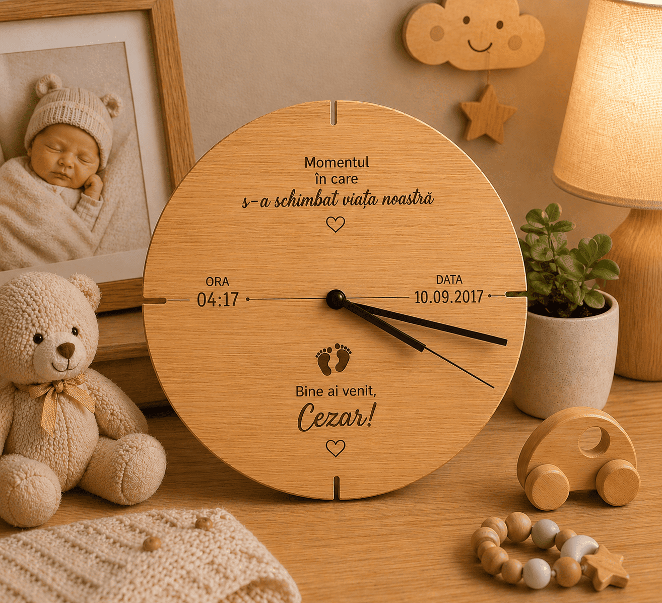 ceas personalizat cu data nașterii și nume copil Ceas personalizat din lemn cu nume, data și ora nașterii copilului