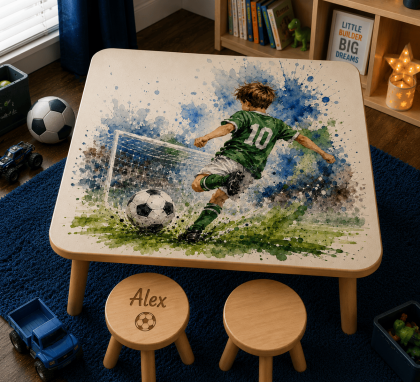 Set masă și două scăunele personalizate pentru copii, model Micul Fotbalist