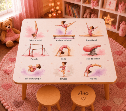 Set masă și două scăunele personalizate pentru copii, model Mica gimnasta
