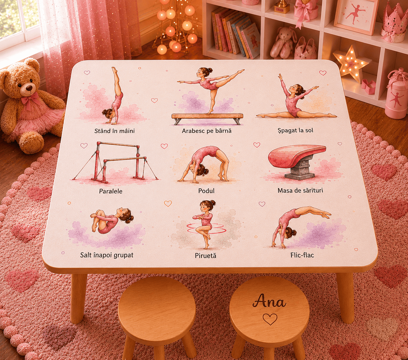Set masă și scaune personalizat pentru copii Mica gimnasta Set masă și două scăunele personalizate pentru copii, model Mica gimnasta
