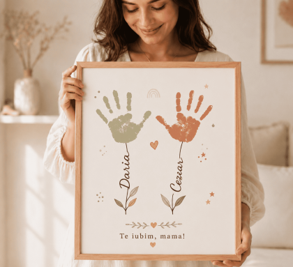 Personalizare pentru tablou cu amprenta mâinii copilului, alegere format A4 pentru 1-2 flori sau A3 pentru 3-4 flori și câmp pentru nume și mesaj.