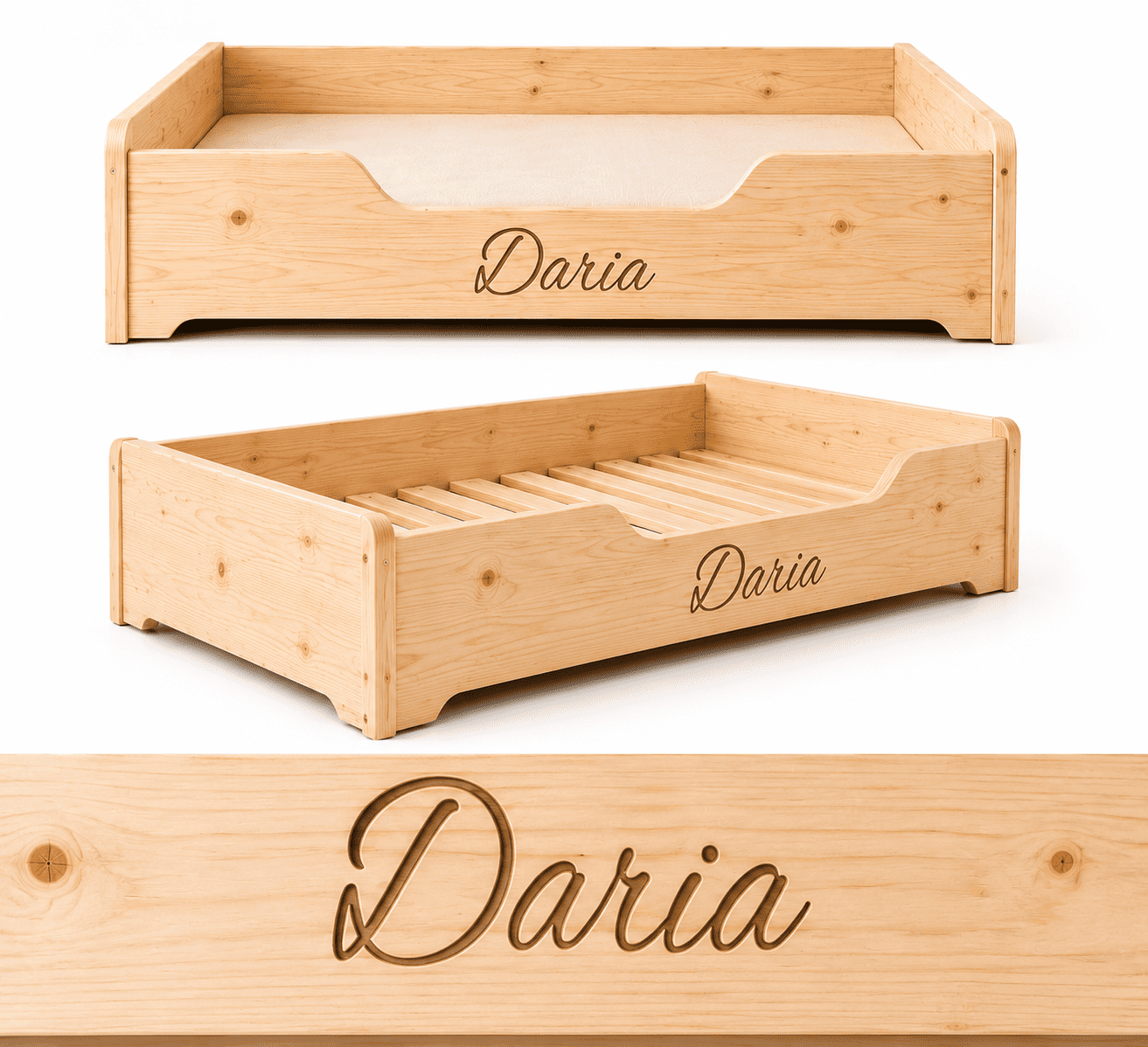 Detalii pat Montessori personalizat din lemn masiv Detalii ale patului Montessori personalizat din lemn masiv pentru copii, vedere frontală, perspectivă și gravură personalizată cu numele copilului.